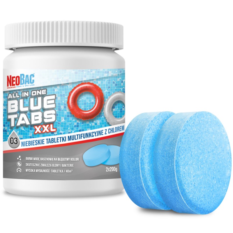 Duże niebi8eskie tabletki chlorowe NeoBac all in one 2x200g